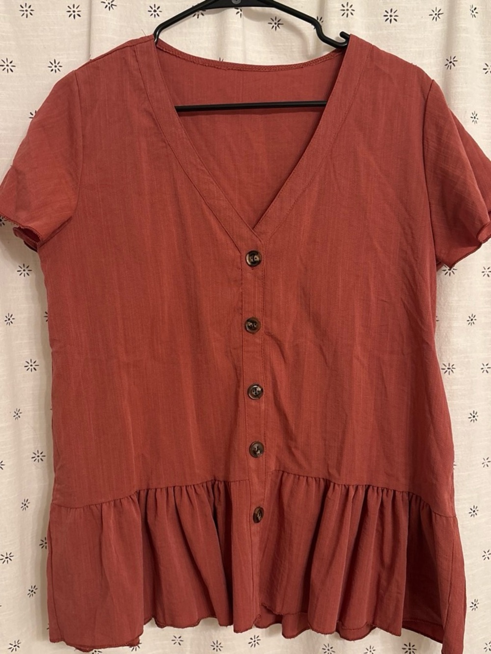 Amazon Rust Button-Front V-Neck Peplum Top